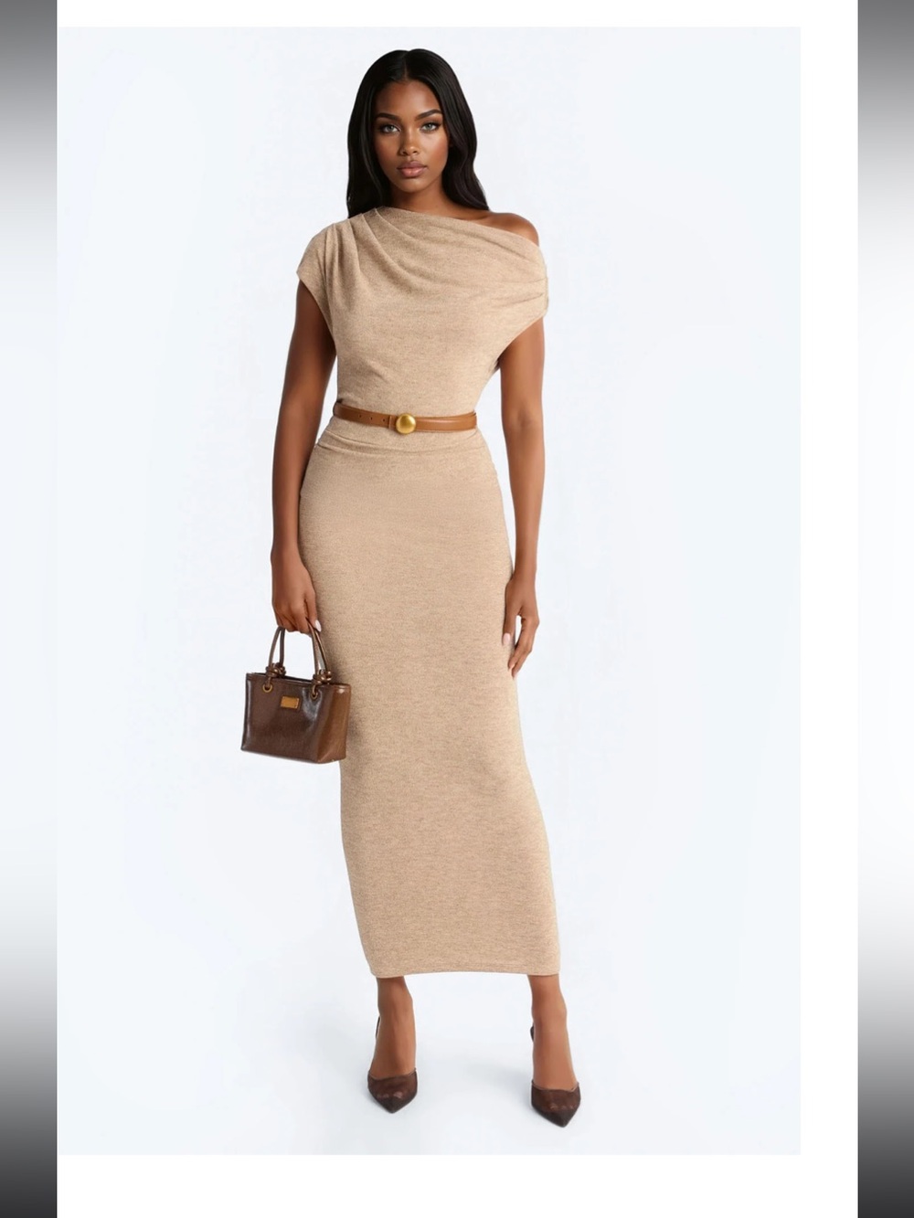 Fashion Nova Beige/Tan One-Shoulder Maxi Dress. Belt included